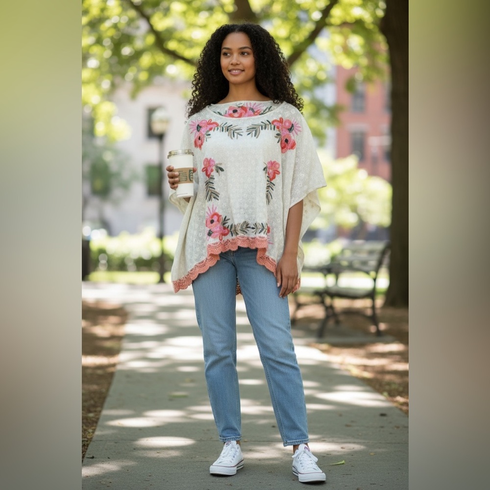 Floral Embroidered White Flutter Sleeve Boxy Blouse S